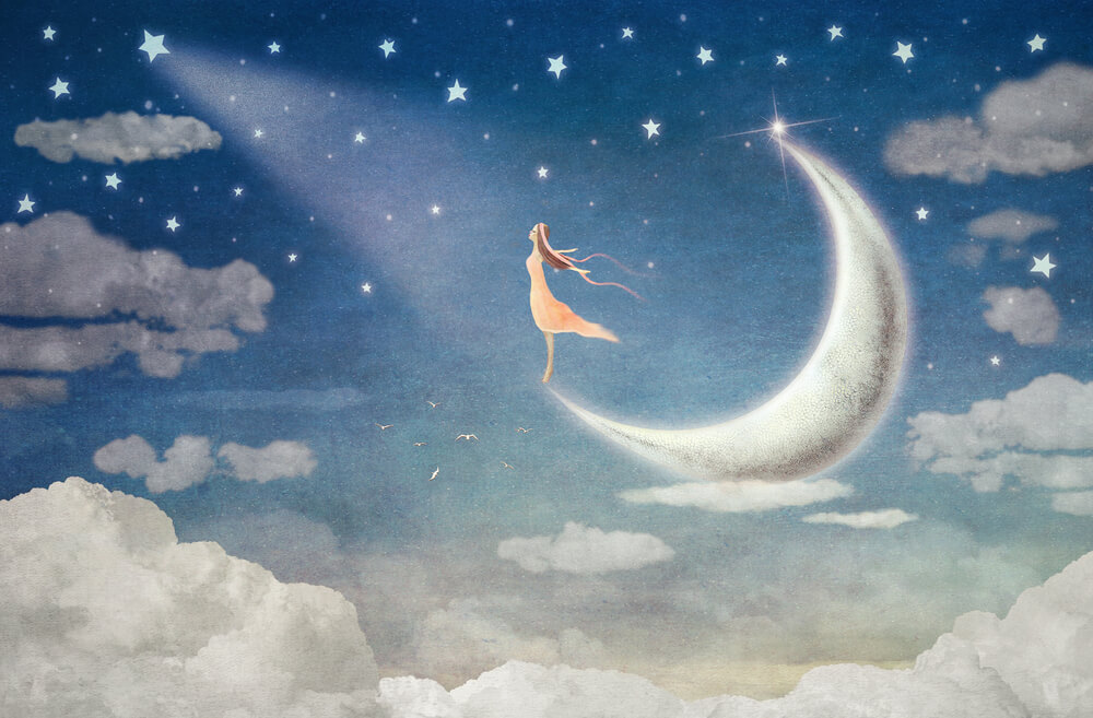 夜空に浮かぶ三日月の上に立つ女性のイラスト